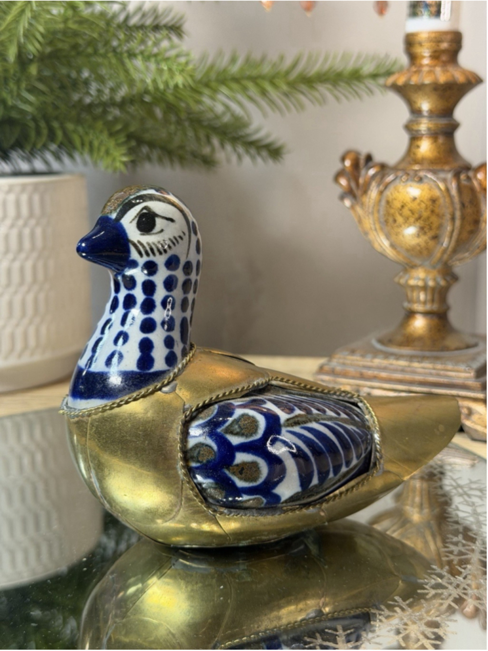 Duck Porcelain & Brass Figurine Folk Art Metal Blue & White Tonala, Mexico 5”
